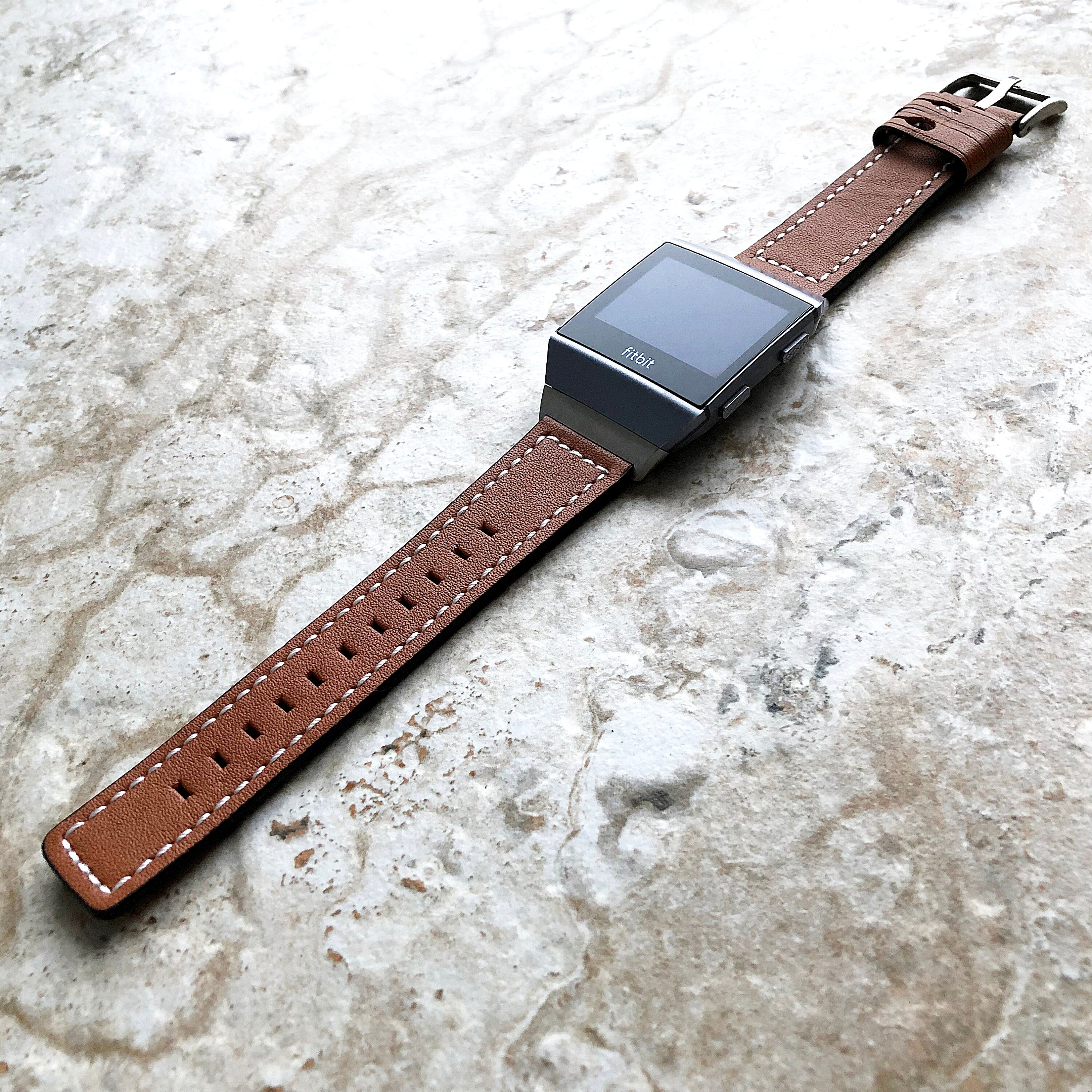 Fitbit Ionic Brown Color Soft Leather Band Strap with White Stitches for Watch Band Strap Quick Release Adapters in Silver Rose Gold Black